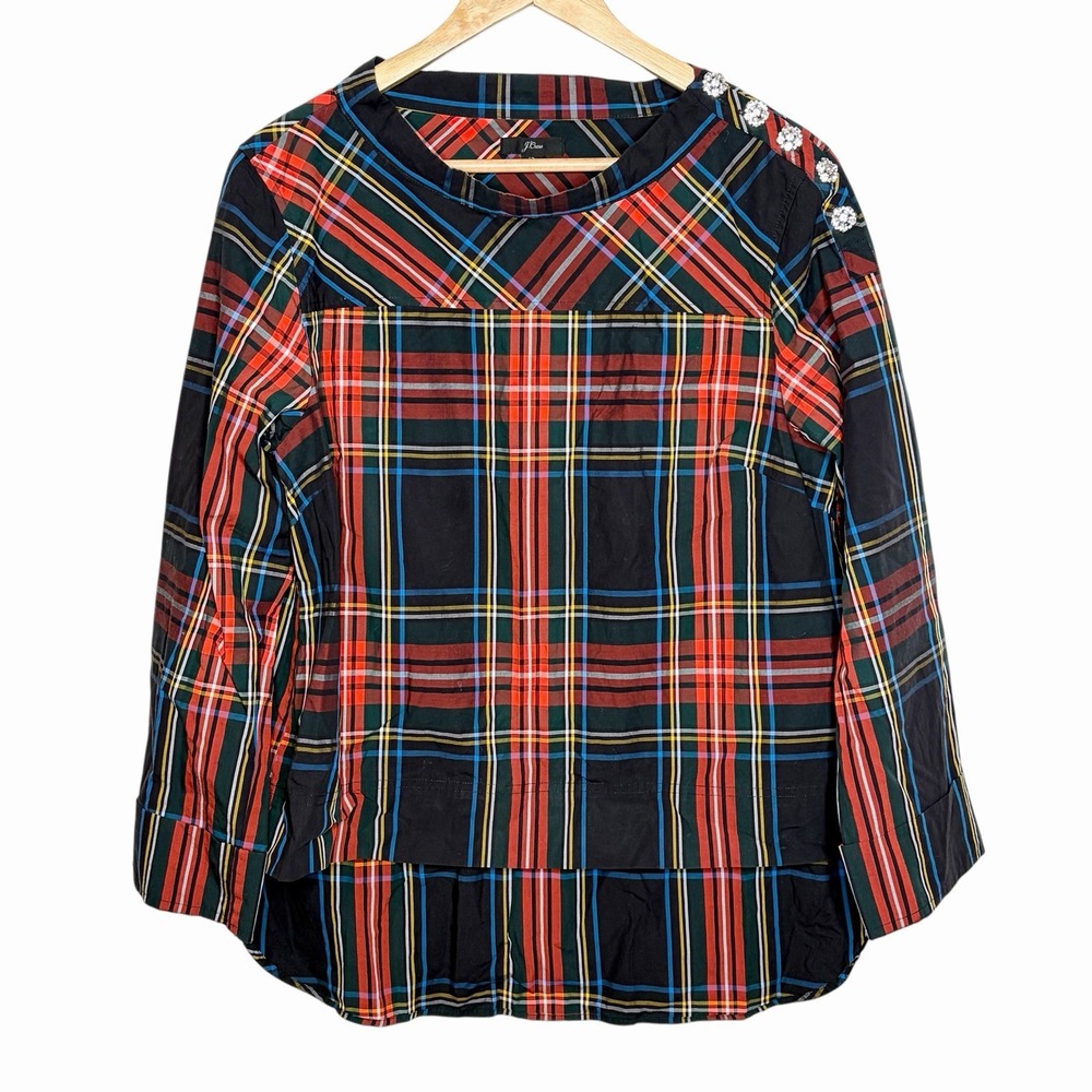 J Crew Tartan Plaid Top Womens Size 12 Preppy Heritage Career Office Rhinestone